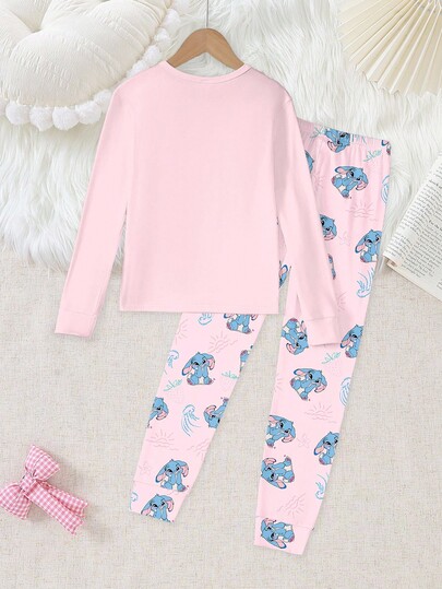 SHEIN 2pcs/Set Girls Cute Blue Pattern Print & Pink Round Neck Long Sleeve Top And Pants Knit Fabric Comfortable Soft High Stretch Skinny Fit Pajamas