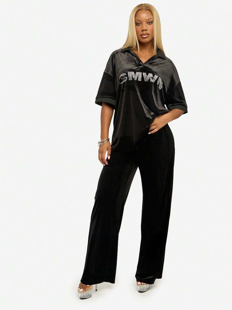 SUMWON WOMEN Pantaloni della tuta svasati in velluto con logo in strass