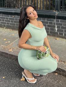 NegzBox Women's Fashionable Asymmetric Collar Pleated Top And Skirt Set ,Petite Women - Green - View 4