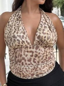 NegzBox Parte superior de punto romántica de malla con estampado de leopardo, escote de atar en V, lazo y fruncido, apropiada para vacaciones, cita, San Valentín, sexy, fiesta, playa, crucero, Pascua, carnaval, merienda