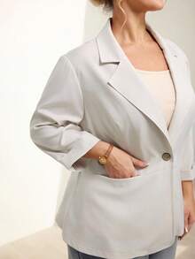 Momelise 大码女式修身优雅单扣西装外套，秋冬 - 卡其色 - 查看 7