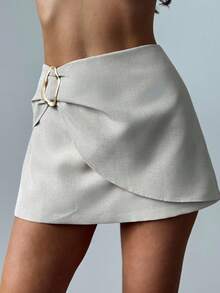 Firerie 女士新款简约优雅时尚通勤金属配饰前裹式亚麻迷你裙