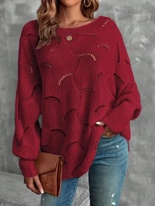 EMERY ROSE Women's Casual Solid Color Round Neck Drop Shoulder Sweater, Autumn/Winter - Burgundy - View 7