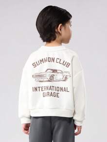 SUMWON 儿童汽车印花卫衣经典国际车库设计长袖圆领休闲套头衫冬季日常穿着舒适街头风格 - 白色 - 查看 3