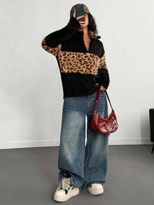 Teen Girl Contrast Color Block Loose Fit Half-Zip Raglan Jacket Fall Winter - Multicolor - View 5