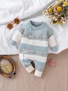 SHEIN 女婴条纹针织连体裤，时尚可爱百搭毛衣 - 彩色 - 查看 3