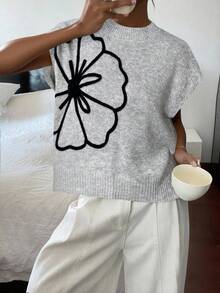 Siren Gaze 老钱风女士秋装！可爱教师款 - 花卉提花针织宽松休闲背心 | 秋装，开学必备 | 女士机场装，2025年新品 - 淺灰色 - 查看 1