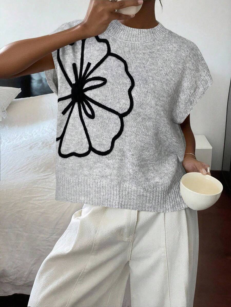 Siren Gaze 老钱风女士秋装！可爱教师款 - 花卉提花针织宽松休闲背心 | 秋装，开学必备 | 女士机场装，2025年新品 - 淺灰色 - 查看 1