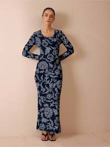 Glamance Shutterstock 藏蓝色复古印花休闲优雅修身弹力连衣裙，适合日常穿着、工作、外出、办公室、旅行、派对、约会等场合，秋冬季外出优雅连衣裙，时尚别致的服装系列 - 彩色 - 查看 4