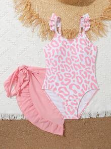 Chica preadolescente Bañador una pieza con estampado de leopardo ribete con fruncido con falda de playa - Multicolor - Ver 6