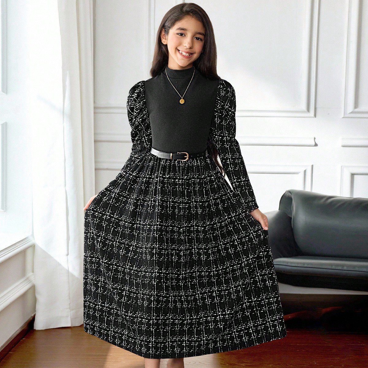 Vestido casual, elegante y urbano para niñas preadolescentes con cuello Mao, mangas gigot y drapeado, vestido de fiesta de manga larga, vestido de ca