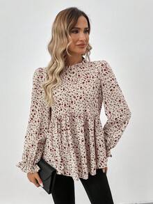 SHEIN LUNE 立领荷叶边泡泡袖 A 字休闲通勤优雅户外浪漫度假碎花长袖女式衬衫，秋冬长袖碎花上衣红色碎花上衣女式碎花上衣碎花上衣女式长袖连衣裙 - 紅色 - 查看 5