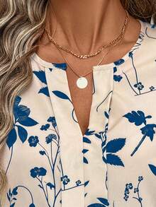 SHEIN LUNE Áo cánh tay dài cổ tròn cổ chữ V tay phồng in hoa giả, thường ngày và đi làm, thanh lịch cho nữ, áo cánh hoa màu xanh thu đông, áo cánh in hoa cho nữ, áo cánh hoa cho nữ, áo cánh tay dài tay kiểu đèn lồng, áo dài tay cho nữ - Màu xanh lam - Xem 8