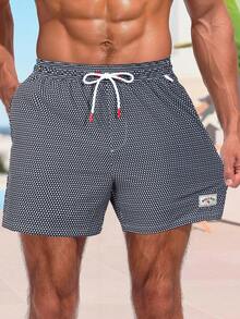 Manfinity Men's Letter & Geometric Print Drawstring Waist Loose Beach Shorts,Hawaiian, Geometric Swim Trunks, Black And White Swim Trunks, Drawstring Swim Trunks, Men's Beachwear - Black and White - View 7