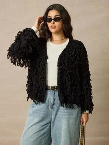 Juhart 大码纯色流苏开衫，适合通勤 - 黑色 - 查看 4