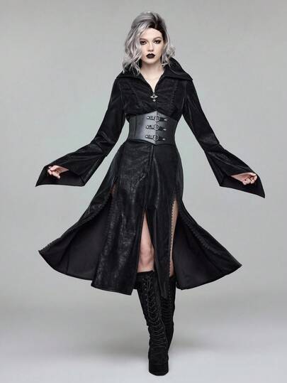 EDITION Women's Gothic Palace Vintage Contrast Lace Jacquard PU Vampire Stand Collar Long High Slit Jacket