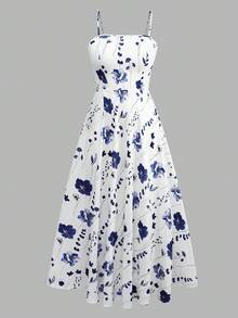 Franclia 大码女式碎花雪纺连衣裙搭配优雅开衫套装，夏季女式碎花连衣裙雪纺外套蓝色花朵连衣裙蓝色夏装蓝白连衣裙女 - 寶藍色 - 查看 4