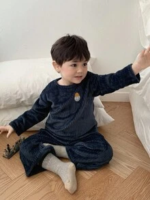 DAZY 2pcs/Set Baby Boys' Comfortable Casual Homewear Set, Round Neck Fall,Winter Thermal Lined Toddler - Navy Blue - View 9
