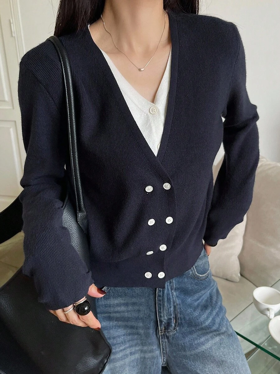 DAZY Cárdigan de mujer con cuello en V, 2 en 1, de color contrastante, con parches, de manga larga y manga corta ajustada - Azul Marino - Ver 1