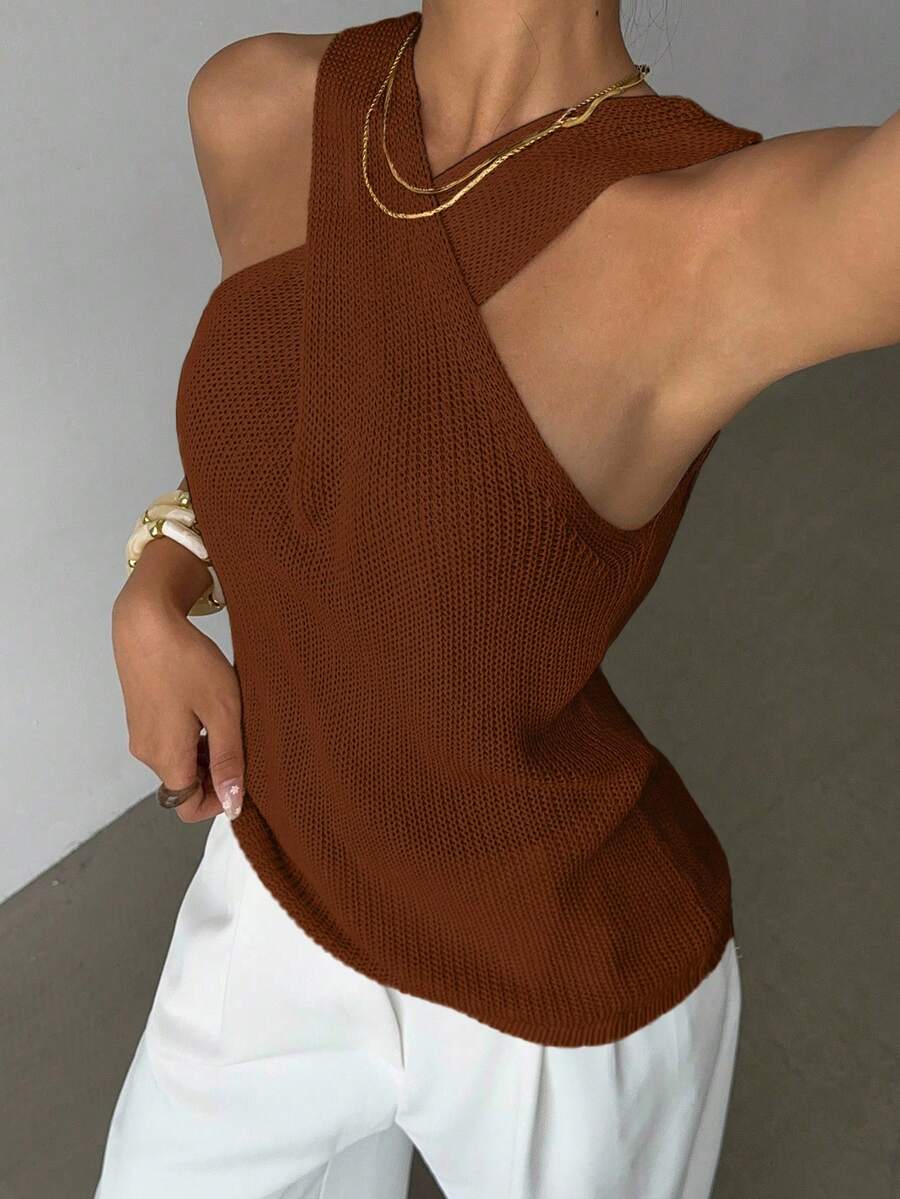 Elenzga Áo len dệt kim cổ chéo thiết kế tối giản, giản dị - màu nâu - Xem 1