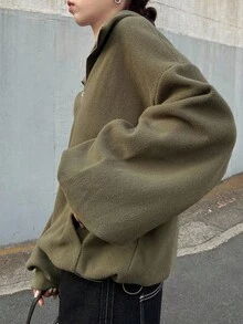 FRIFUL 女式半高领半拉链超大纹理休闲运动衫 - 綠色 - 查看 4