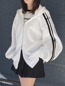 FRIFUL 女式白色宽松连帽衫，带蝴蝶结，春季夹克，拉链，秋冬 - 白色 - 查看 3