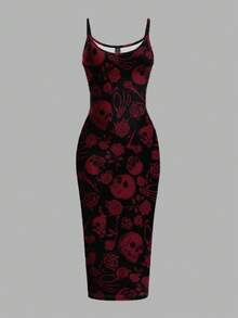 SHEIN EZwear Women's Skull & Rose Bodycon Slip Midi Dress,Black,Summer,Goth,Birthday Party,Party Night,Halloween Day Of The Dead Y2K Grunge Punk Gothic Clothing - Red and Black - View 1