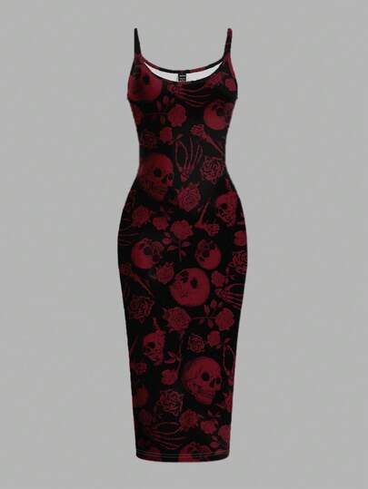 SHEIN EZwear Vestido de tubo de longitud completa minimalista casual con calavera en blanco y negro, perfecto para fiestas, principios de otoño, regreso a la escuela y ropa de mujer para el otoño. Ideal para atuendos de club, estilo estético sexy, gótico, cibersiguilismo, ropa de calle Y2K, vintage, grunge y looks punk.