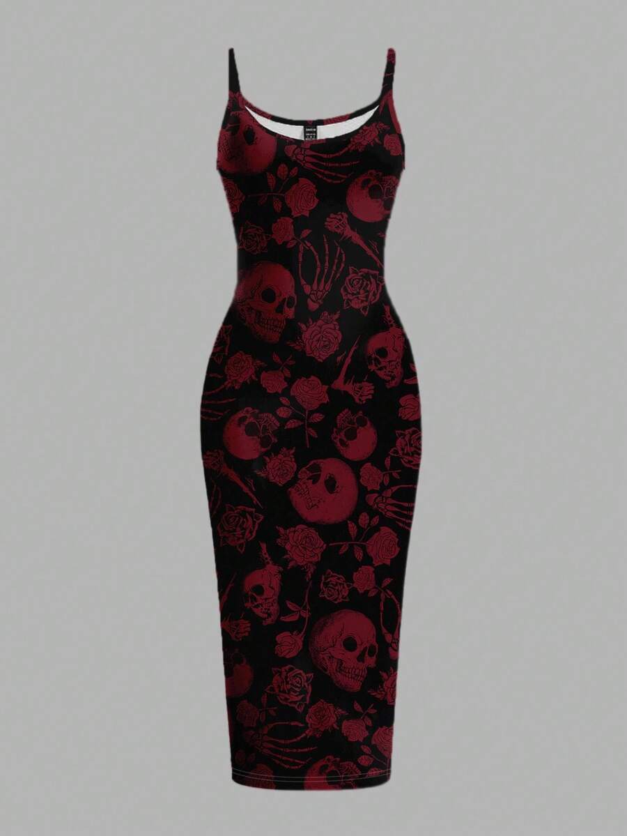 SHEIN EZwear Women's Skull & Rose Bodycon Slip Midi Dress,Black,Summer,Goth,Birthday Party,Party Night,Halloween Day Of The Dead Y2K Grunge Punk Gothic Clothing - Red and Black - View 1