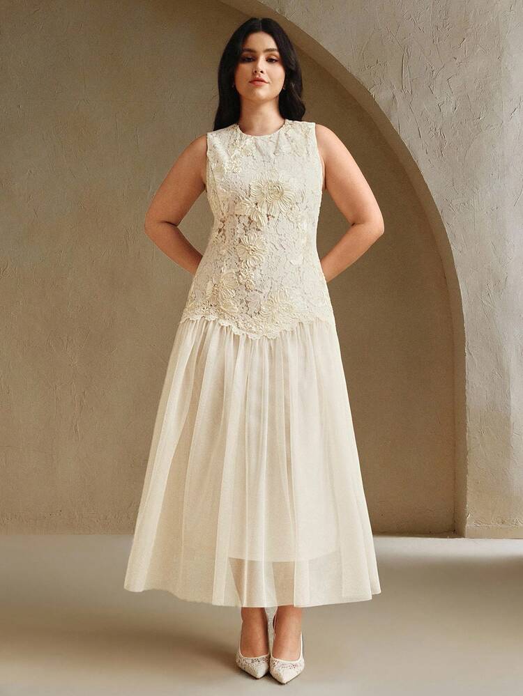 Elegant Women's Sleeveless Round Neck Lace Applique Dress, Spring/Summer