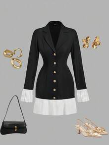 SHEIN MOD Robe longue élégante à manches longues avec volant à l'ourlet de couleur unie - Noir - Voir 1