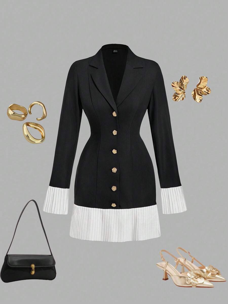 SHEIN MOD Robe longue élégante à manches longues avec volant à l'ourlet de couleur unie - Noir - Voir 1