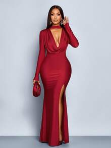 SOLERSUN Women's Elegant Modern Front Deep Cowl Neck Long Sleeve Cropped Tight High Slit Mermaid Maxi Dress Fall Cloth For Women - Red - View 4