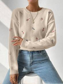 EMERY ROSE 女士花卉刺绣圆领落肩长袖休闲宽松毛衣，秋季 - 杏色 - 查看 6