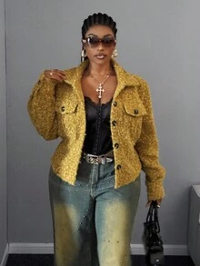 Maweii Plus Size Women's Casual Single-Breasted Pocket Long Sleeve Jacket, Elegant Design - Yellow - View 4