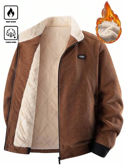 Manfinity Homme 男士秋冬灯芯绒立领保暖夹克，简约优雅，口袋拼接设计，商务休闲两相宜的男士冬季外套，保暖保暖夹克，棕色灯芯绒夹克，送给男友或丈夫的完美节日礼物