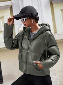 SHEIN Cottnline Zip Up Drawstring Hooded PU Leather Puffer Coat - Green - View 3