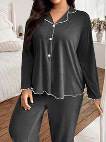 SHEIN Plus Size Women's Dark Grey Super Soft Draped Thin Knit Fabric Collared Open Front Ruffle Trim Long Sleeve Top & Pants, Casual Loose Fit Outerwear 2 Pieces Set, Fall Winter Clothes, Cozy Outfit