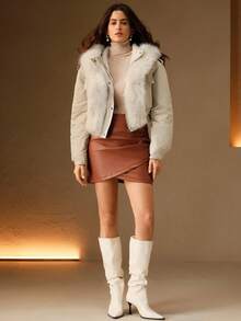 Anewsta 女式休闲短款仿毛领长袖夹克，秋冬 - 卡其色 - 查看 11