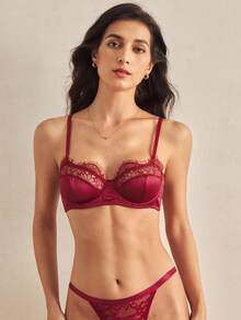 Charlaine 1/2 Cup Lace Patchwork Romantic French Style Underwire Bra For Women - Burgundy - View 5