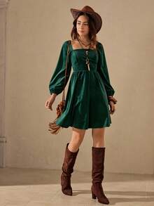 Wildy Fall Dress Long Sleeve Women's Casual Vintage Solid Color Mini Dress Dark Green Dress Square Neck Dress Lantern Sleeve Dress Corduroy Dress Forest Green Dress Graduation Dress For Women Winter Dresses For Women Elegant Dress - Dark Green - View 4