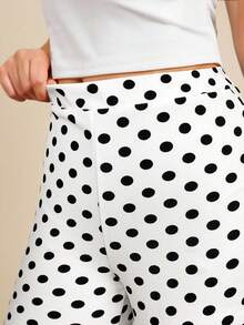 Amorya Women's Vintage Polka Dot Black & White Print Knit Elastic Pants, Suitable For Daily, Commuting And Multi-Occasion Wear, Autumn