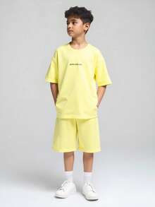 SHEIN Explorewe 13-16 Years 2025 Summer New Arrival Letter Print, Soft & Comfortable Fabric, Moisture-Wicking Polyester Knit, Stretchy, Sibling Matching Sets, Round Neck Short Sleeve Shorts Set - Yellow - View 1