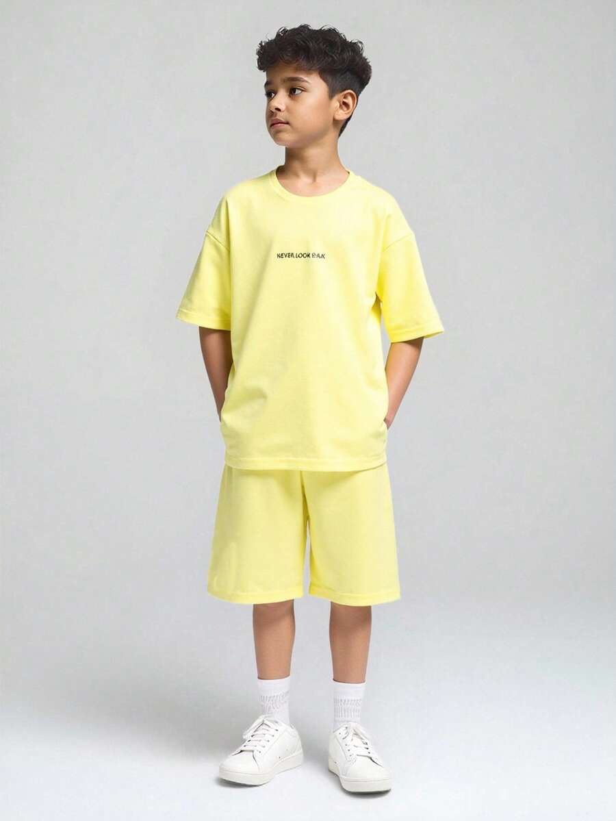 SHEIN Explorewe 13-16 Years 2025 Summer New Arrival Letter Print, Soft & Comfortable Fabric, Moisture-Wicking Polyester Knit, Stretchy, Sibling Matching Sets, Round Neck Short Sleeve Shorts Set - Yellow - View 1