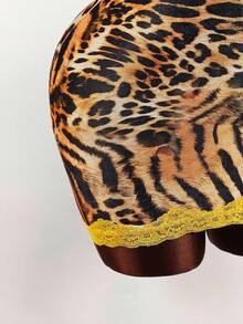 Y2K Amplova Leopard Print Party Yellow Lace Cup Detail Tropical Floral Mesh Bodycon Mini Dress Cheetah Print Outfits Cheetah Print Two Piece Animal Print Set - Multicolor - View 8