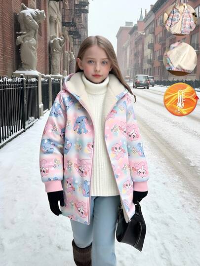 Tween Girl' 休闲连帽夹克，罗纹袖口和下摆，保暖内衬，卡通图案，宽松版型，秋冬舒适，适合日常穿着、通勤、户外活动、聚会和拍照