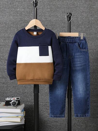 SHEIN Young Boy Color Block Sweatshirt And Jeans Set