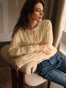 MOTF PREMIUM 镂空宽松圆领长袖毛衣 - 杏色 - 查看 8