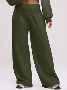 MUSERA 超宽腿翻折腰裤，休闲机场秋季复活节穿搭 - 軍綠色 - 查看 2
