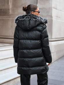 SHEIN Solid Long Sleeves Casual Button Up Hooded Padded Coat Winter